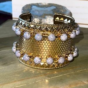Gold-tone Grey Blue Moonstone Gemstone Cuff Large Bead Goth Glam Bracelet